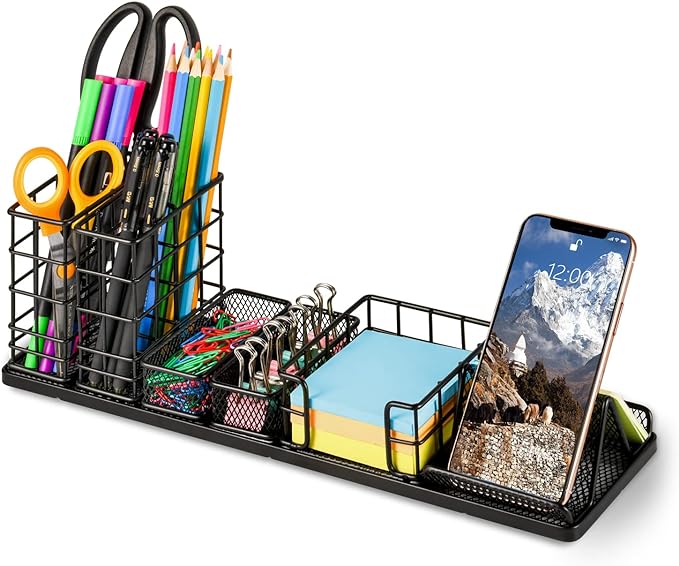 Desk Organizers and Accessories, Office Supplies Desk Organizer with Pen Holder, DIY Desktop Organiezr with Phone Holder, Sticky Note Tray, Paperclip Storage and Office Caddy for Office Home School