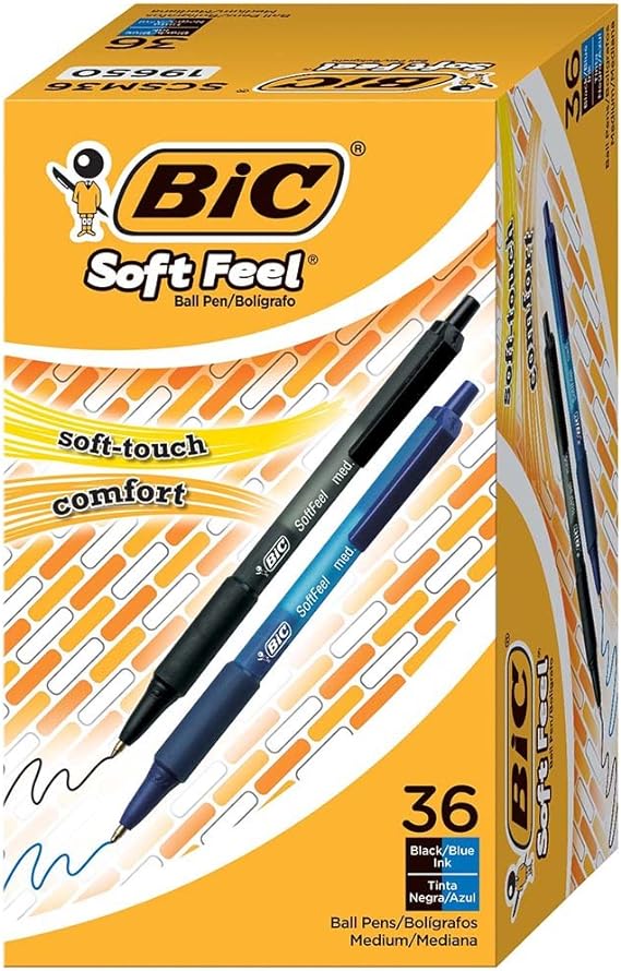 BIC Soft Feel Black Retractable Ballpoint Pens, Medium Point (1.0mm), 36-Count Pack, Black Pens With Soft-Touch Comfort Grip