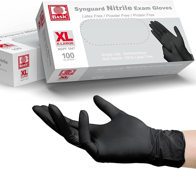 Basic Medical Black Nitrile Exam Gloves - Latex-Free & Powder-Free, 5 mil Gloves, NGPF-1047(pack of 100), X-Large